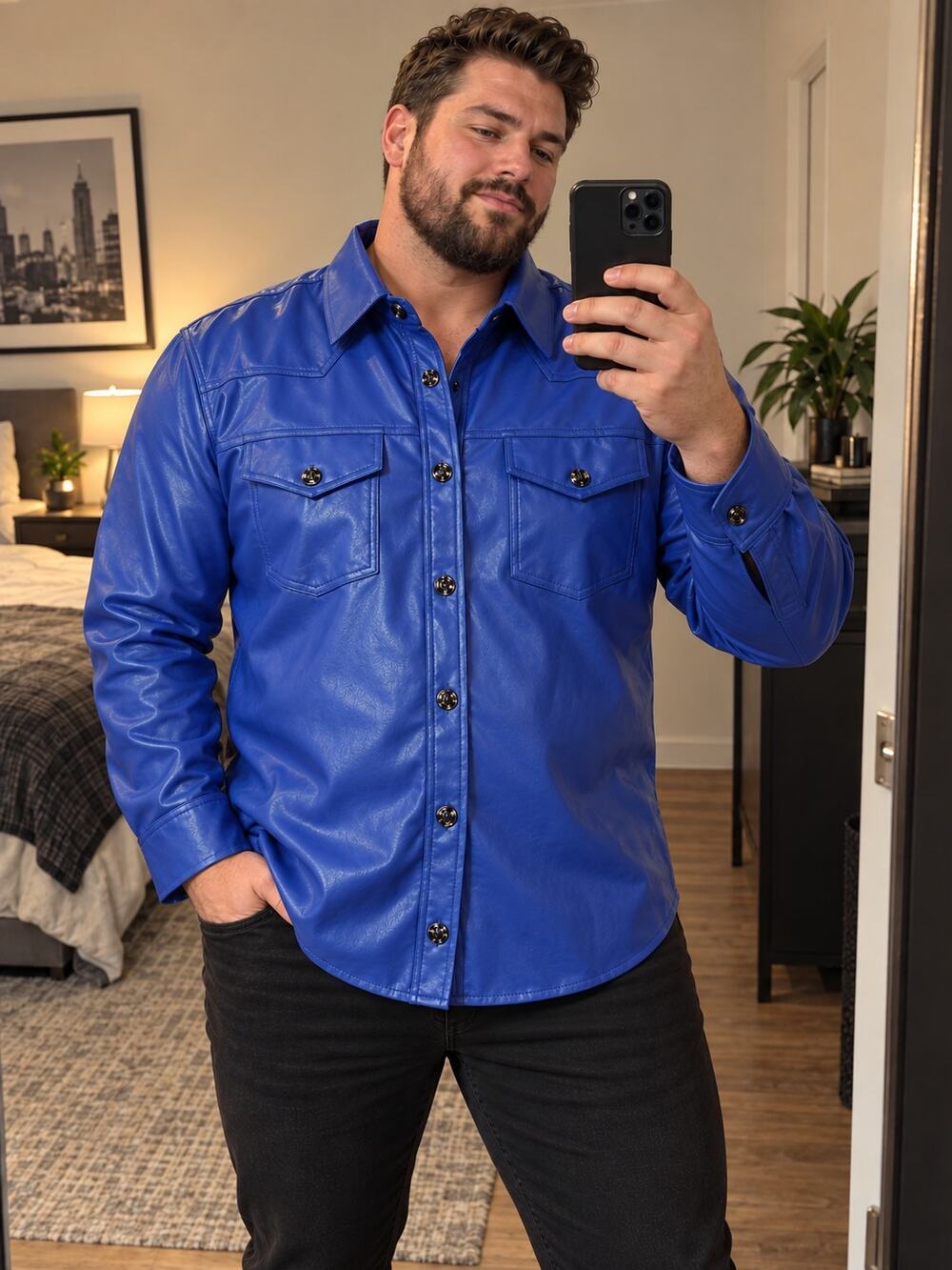Manly Mens Faux Leather Shirt Jacket 2XL Blue Snap Front NWT Shacket